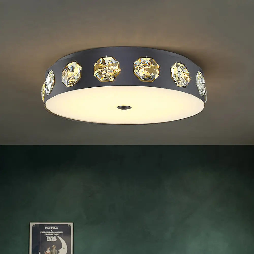 DecorBites™ DecorBites™ Contemporary Black LED Flush Mount Ceiling Light Fixture with Crystal Drum Insert