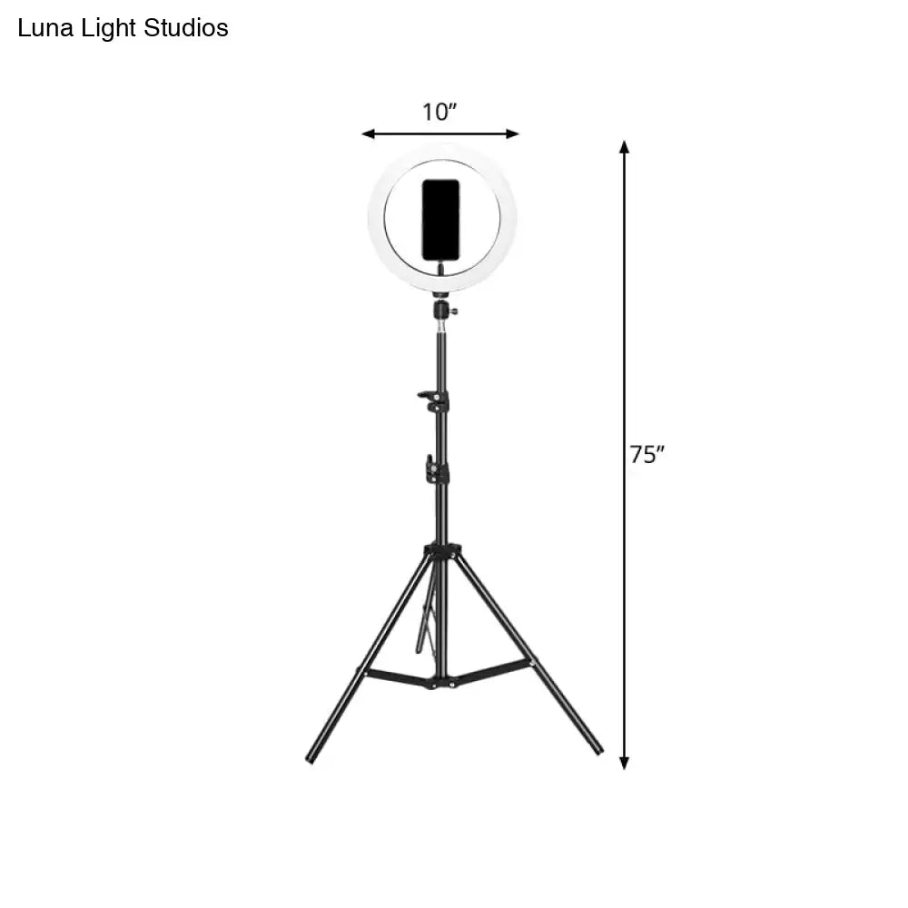 Contemporary black metal flash lamp with usb port and bulb included featuring a white circular ring light on tripod