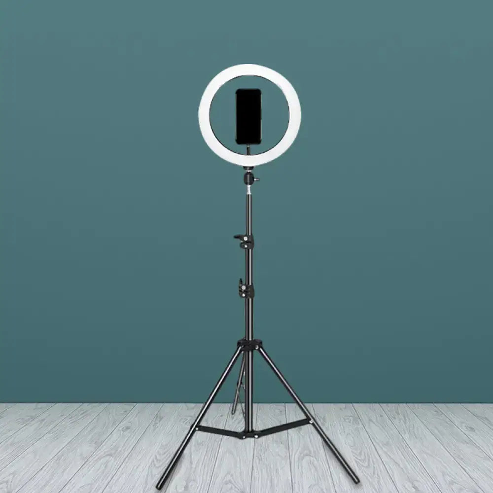 Contemporary black metal flash lamp with usb port and bulb included featuring a ring light and smartphone mount on tripod