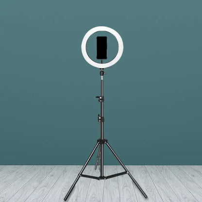 Contemporary black metal flash lamp with usb port and bulb included featuring a ring light and smartphone mount on tripod