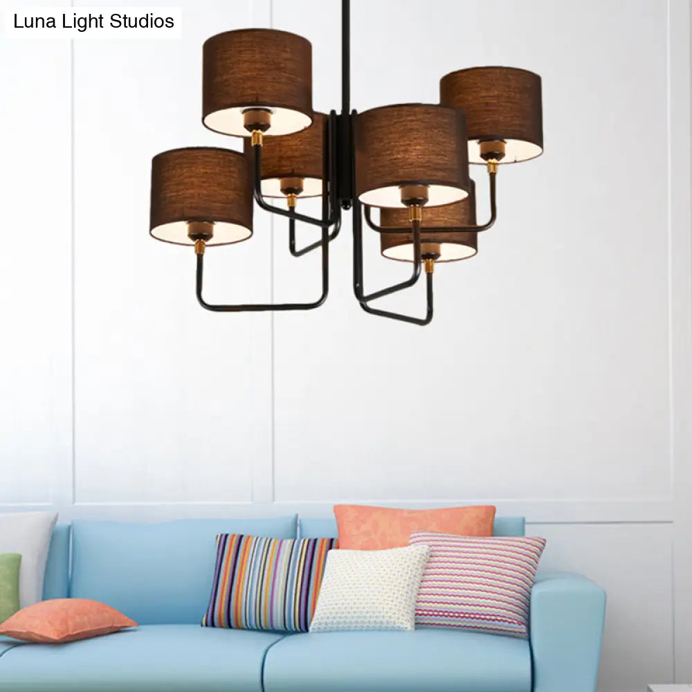 Lámpara de araña Sputnik contemporánea de metal negro con luces LED y pantalla cilíndrica de tela