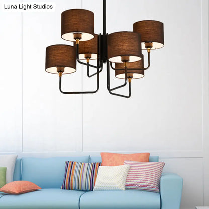 Lámpara de araña Sputnik contemporánea de metal negro con luces LED y pantalla cilíndrica de tela