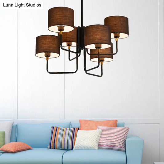 Lámpara de araña Sputnik contemporánea de metal negro con luces LED y pantalla cilíndrica de tela