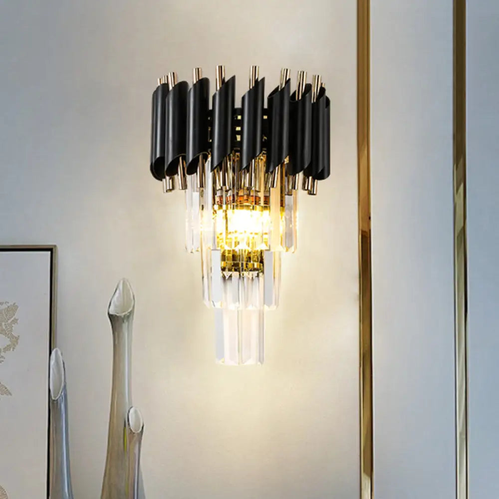 DecorBites™ DecorBites™ Contemporary Black Rectangle Crystal Tiered Wall Sconce - 2 Lights, Wall Mounted Lamp