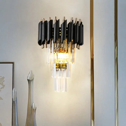 DecorBites™ DecorBites™ Contemporary Black Rectangle Crystal Tiered Wall Sconce - 2 Lights, Wall Mounted Lamp