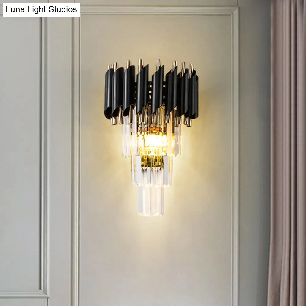 DecorBites™ DecorBites™ Contemporary Black Rectangle Crystal Tiered Wall Sconce - 2 Lights, Wall Mounted Lamp