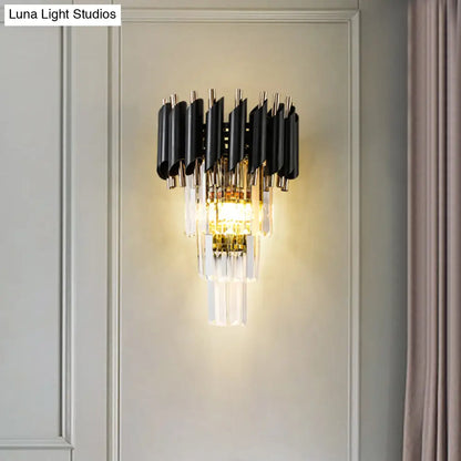 DecorBites™ DecorBites™ Contemporary Black Rectangle Crystal Tiered Wall Sconce - 2 Lights, Wall Mounted Lamp