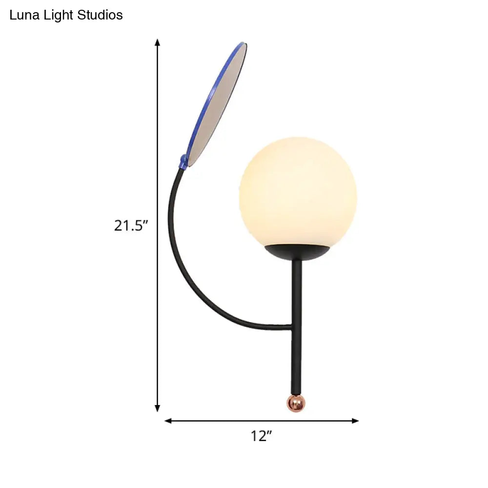 Aplique de pared redondo negro contemporáneo DecorBites™: Aplique de 1 luz con cristal blanco esmerilado y espejo decorativo - Ideal como lámpara de noche