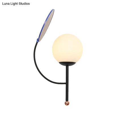 Aplique de pared redondo negro contemporáneo DecorBites™: Aplique de 1 luz con cristal blanco esmerilado y espejo decorativo - Ideal como lámpara de noche