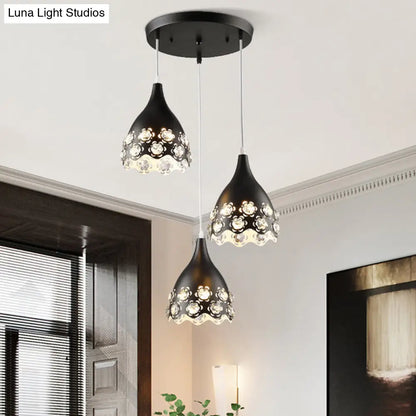 Contemporary Black Teardrop Cluster Pendant with Crystal-Encrusted Hanging Light