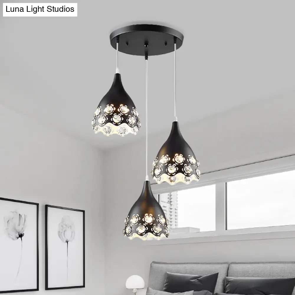 Contemporary Black Teardrop Cluster Pendant with Crystal-Encrusted Hanging Light