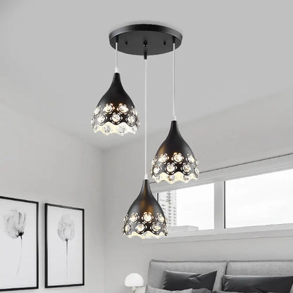 Contemporary Black Teardrop Cluster Pendant with Crystal-Encrusted Hanging Light