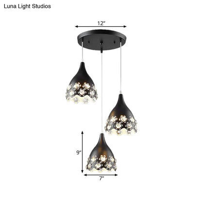 Contemporary Black Teardrop Cluster Pendant with Crystal-Encrusted Hanging Light