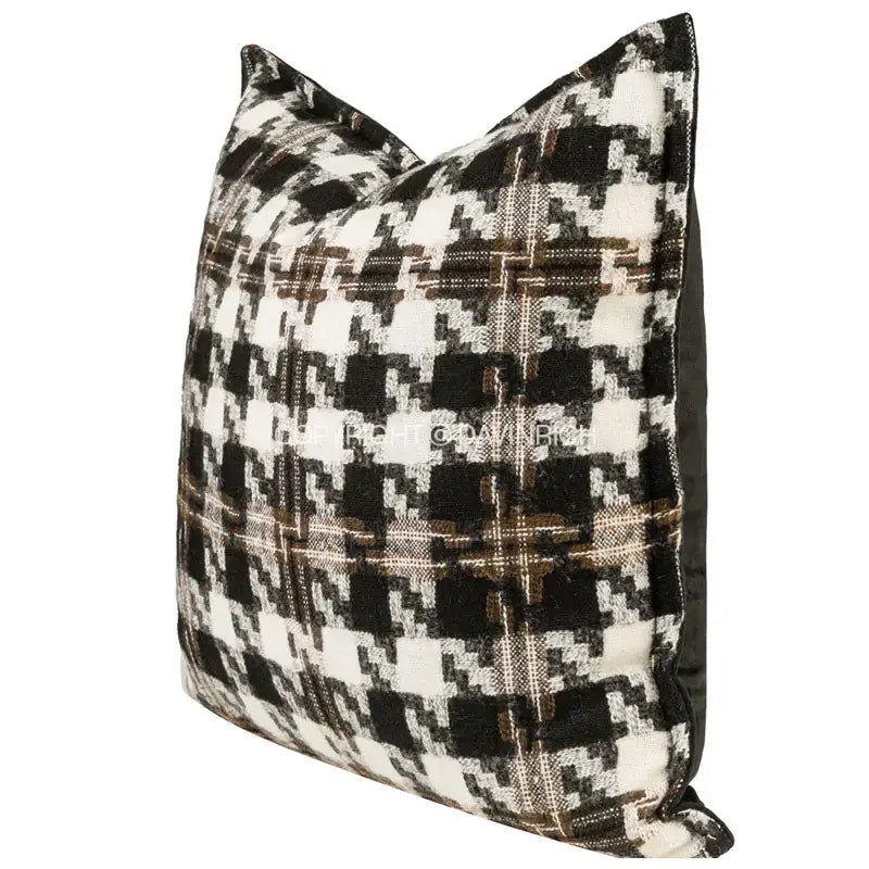 Contemporary black and white houndstooth square cushion cover with subtle brown accent weave for living room decorbites houndstooth square
