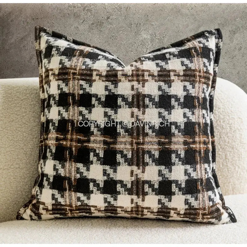 Contemporary black and white houndstooth square cushion cover with brown tones for living room decorbites houndstooth square