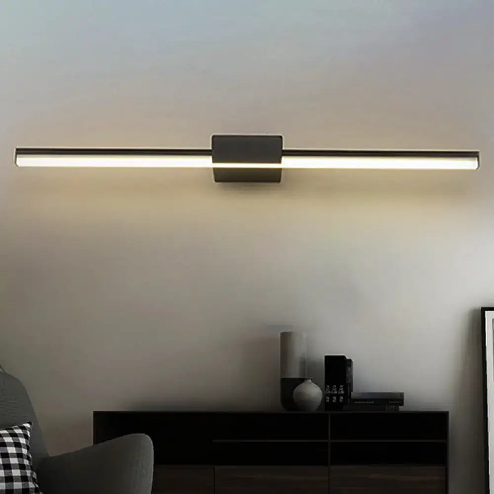 Modern black minimalist led wall light fixture with sleek rectangular design and central mounting bracket for bathroom use