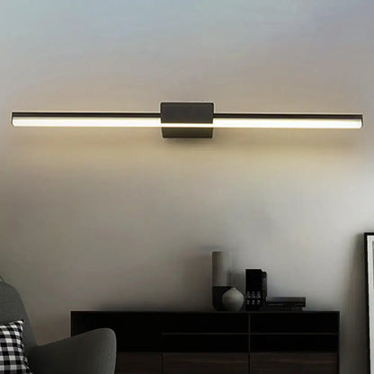 Modern black minimalist led wall light fixture with sleek rectangular design and central mounting bracket for bathroom use