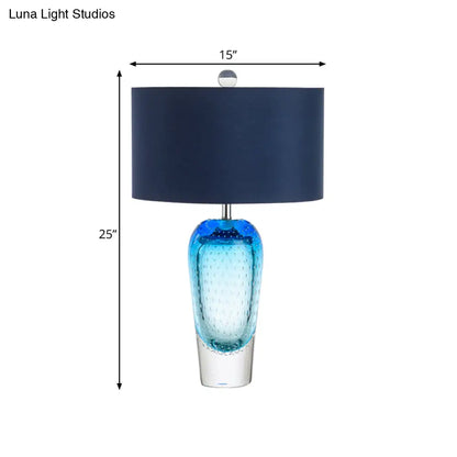 Contemporary Blue Bubble Glass Urn Night Table Lamp with Fabric Shade