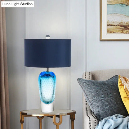 Contemporary Blue Bubble Glass Urn Night Table Lamp with Fabric Shade