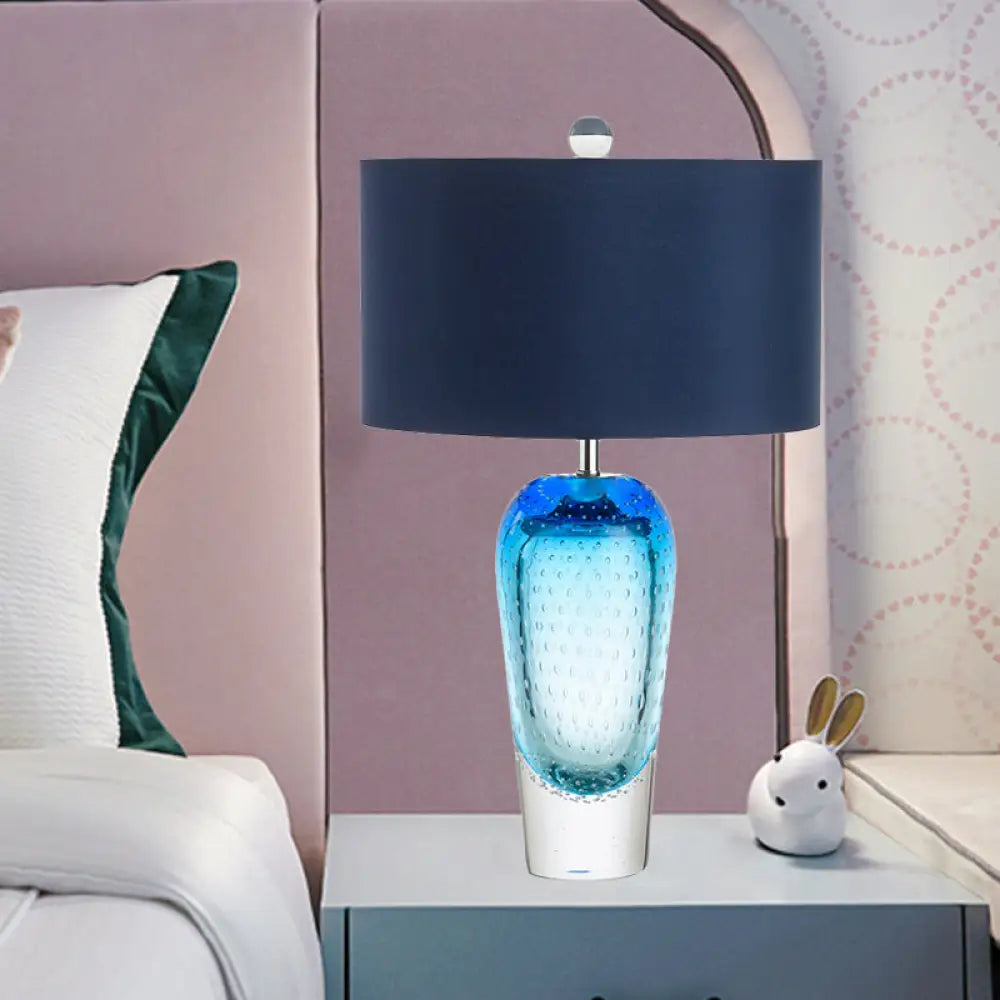 Contemporary Blue Bubble Glass Urn Night Table Lamp with Fabric Shade