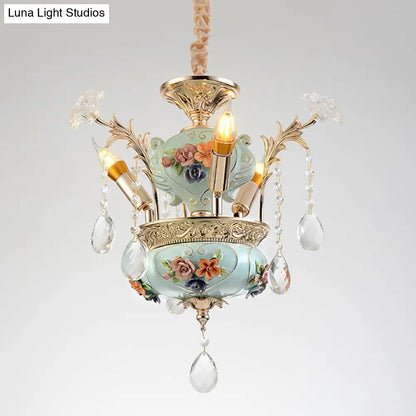 Lámpara colgante de candelabro contemporánea de cerámica azul con detalles de cristal - Lámpara de comedor de 3 bombillas