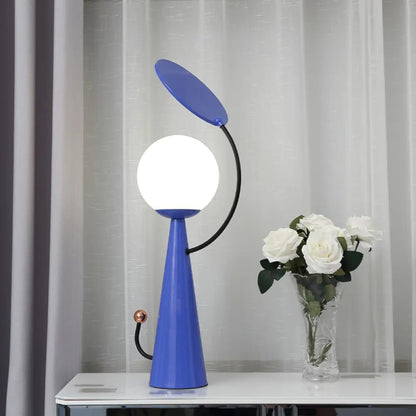 Lámpara de mesa de noche cónica contemporánea con acabado azul, pantalla de cristal blanco y decoración de espejo - 1 bombilla, lámpara de escritorio metálica