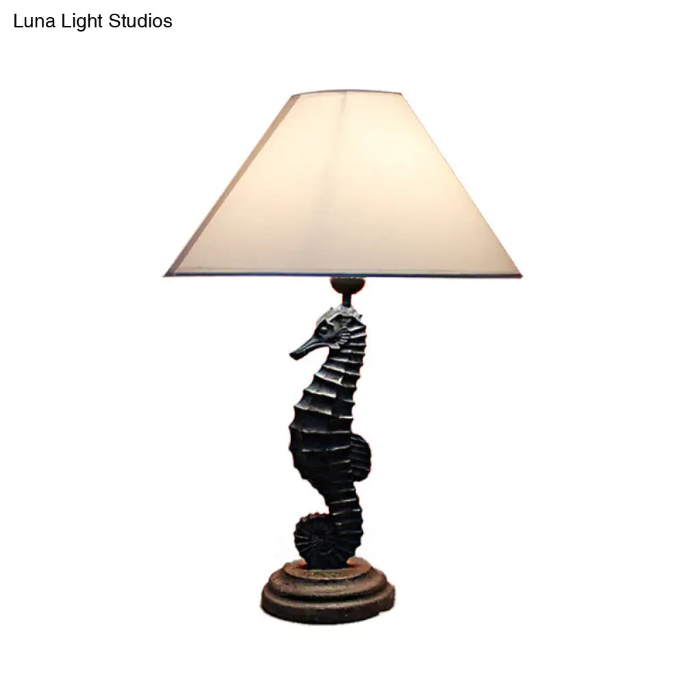 Lámpara de mesa contemporánea azul/roja con forma de caballito de mar y pantalla cónica de tela - Resina, 1 luz