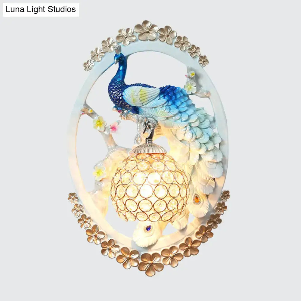 Contemporary blue and white peacock wall sconce with crystal ball light fixture for elegant living room decor