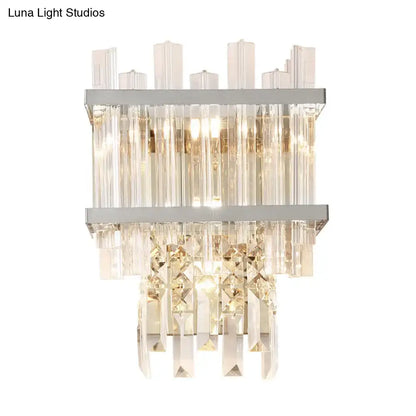 Modern two-tiered brass chrome wall lamp with cascading clear crystal prisms for dining room lighting fixture