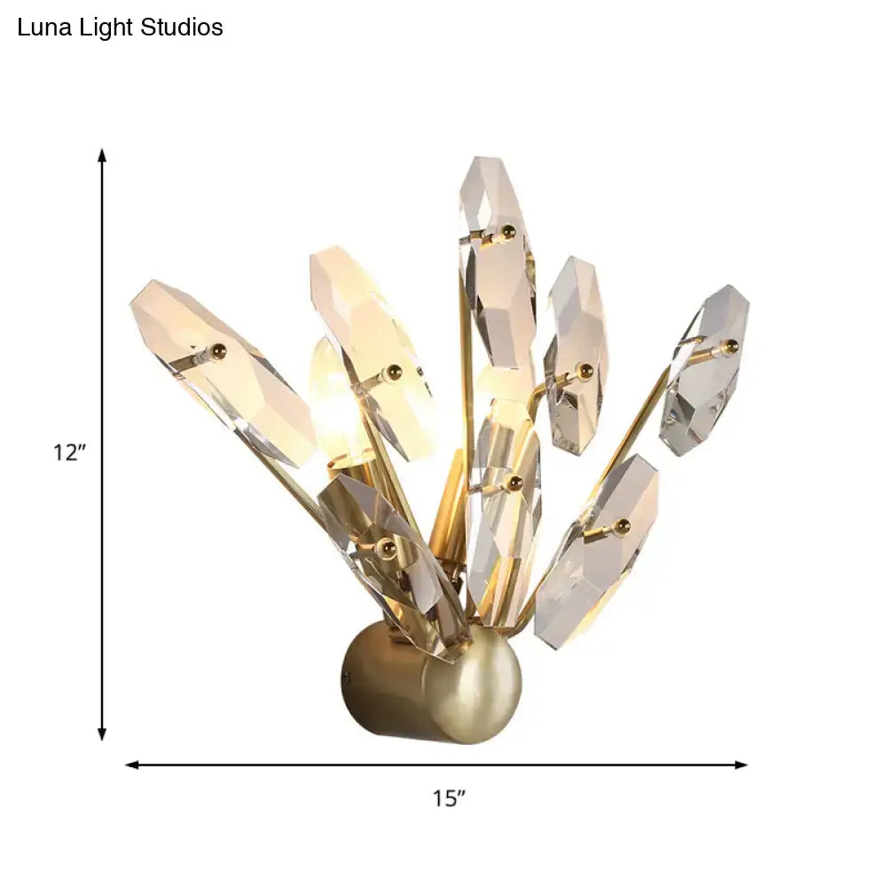 Contemporary brass crystal sputnik wall sconce with faceted shades on brushed gold wall light for living room use