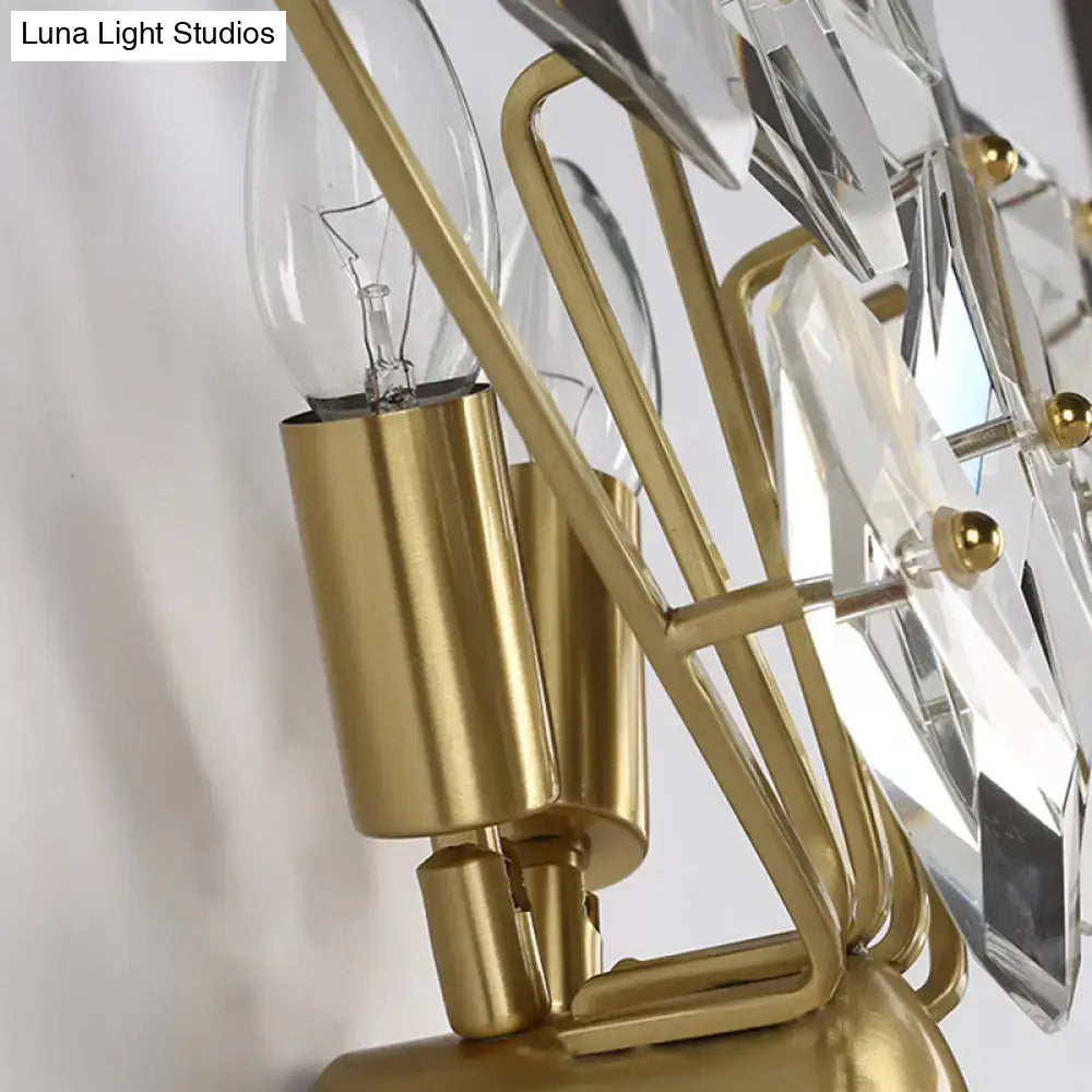 Contemporary brass crystal sputnik wall sconce with gold metal frame and clear crystal droplets for living room wall light