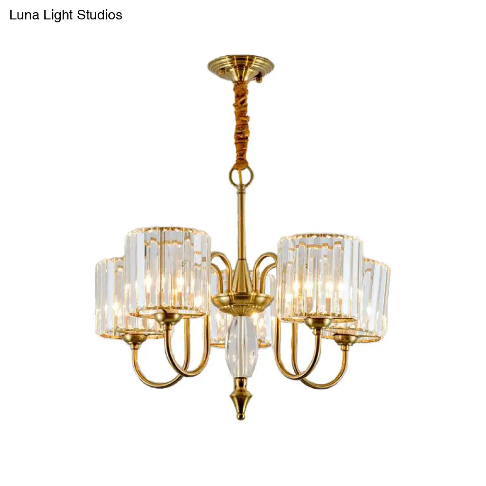 Lámpara de techo cilíndrica contemporánea de latón con facetas de cristal - Lámpara colgante de 3/5/6 cabezales