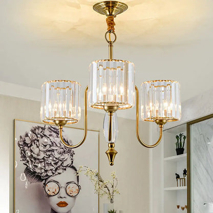 Lámpara de techo cilíndrica contemporánea de latón con facetas de cristal - Lámpara colgante de 3/5/6 cabezales