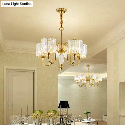 Lámpara de techo cilíndrica contemporánea de latón con facetas de cristal - Lámpara colgante de 3/5/6 cabezales