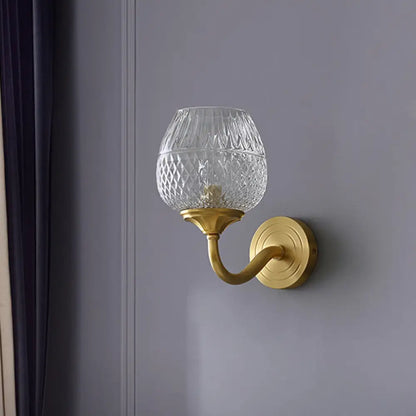 DecorBites™ DecorBites™ Contemporary Brass Lattice Brandy Glass Wall Sconce - Curved Arm, Single Wall Mounted Lamp