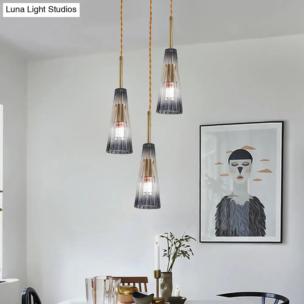 Contemporary Brass Pendant Light with Grey Prismatic Glass Shades - Perfect for Restaurants and Homes