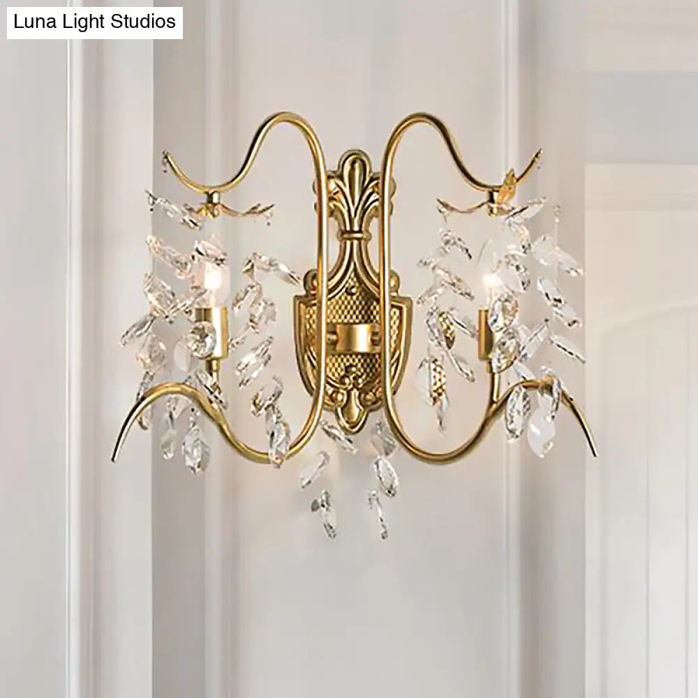DecorBites™ DecorBites™ Contemporary Brass Sconce Light with Clear Crystal Strand - Curve Arm Wall Light (2-Light)