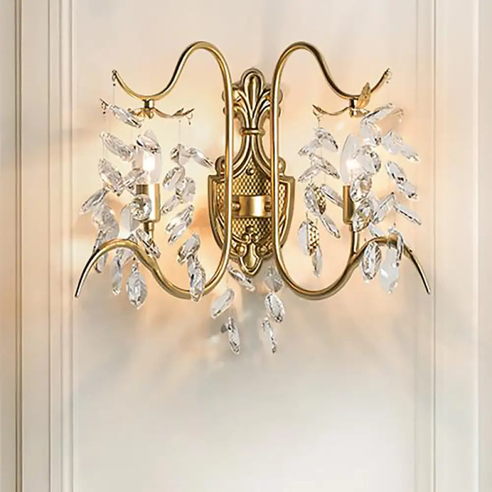 DecorBites™ DecorBites™ Contemporary Brass Sconce Light with Clear Crystal Strand - Curve Arm Wall Light (2-Light)