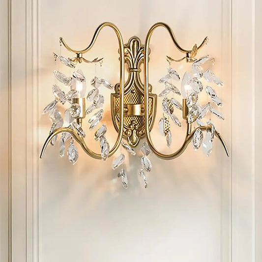 DecorBites™ DecorBites™ Contemporary Brass Sconce Light with Clear Crystal Strand - Curve Arm Wall Light (2-Light)