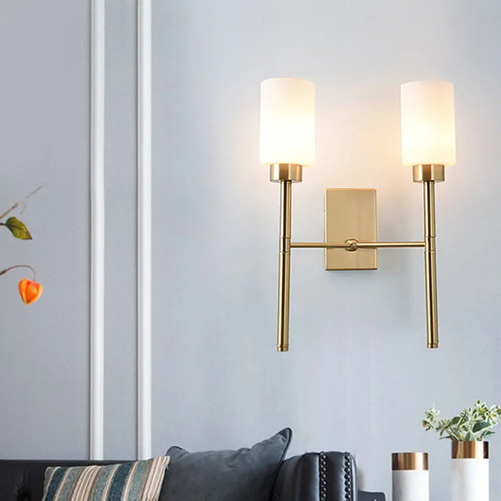 DecorBites™ DecorBites™ Contemporary Brass Sconce with White Glass Shade - Mounted Dual Bulb Wall Light