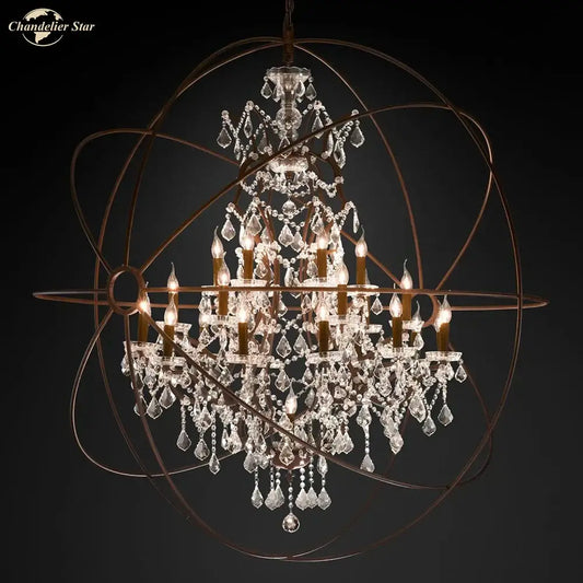 A contemporary bronze crystal led chandelier with spherical metal frame and cascading crystal droplets by decorbites