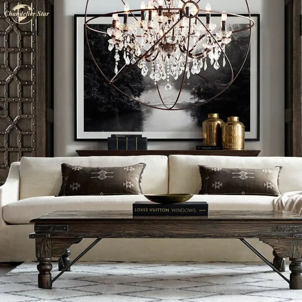 Contemporary bronze decorbites crystal led chandelier with dark metal frame and clear crystals for dining room decor