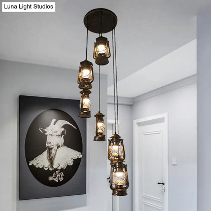 Contemporary Bronze Lantern Stair Pendant - 6-Bulb Metallic Hanging Lamp