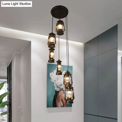 Contemporary Bronze Lantern Stair Pendant - 6-Bulb Metallic Hanging Lamp