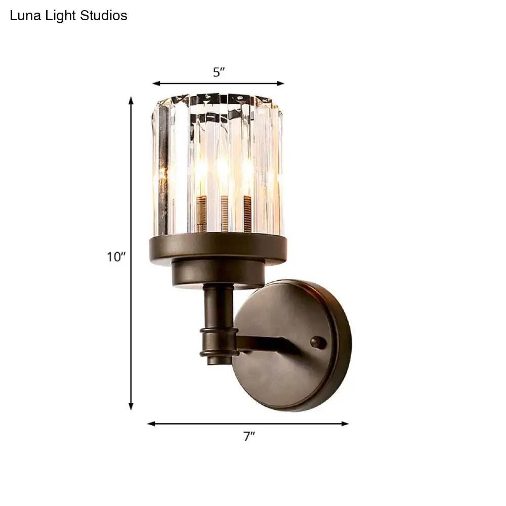 Contemporary bronze wall sconce light fixture with ribbed crystal glass shade for hallway lighting
