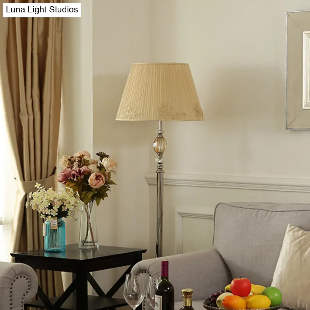 Contemporary Champagne Floor Lamp with Flower Design - Fabric Conical Shade, 1-Bulb Standing Light