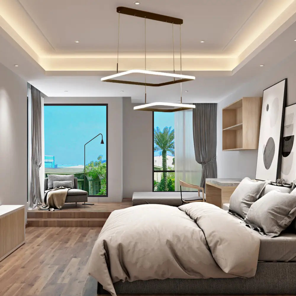 Lámpara de araña contemporánea - Lámpara colgante rectangular moderna marrón con pantalla acrílica en luz blanca/cálida/natural - 2/3/5 luces