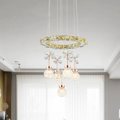 Lámpara colgante de araña contemporánea con pantalla de cristal - Diseño moderno de círculo/engranaje cromado (1/3/5 cabezales)