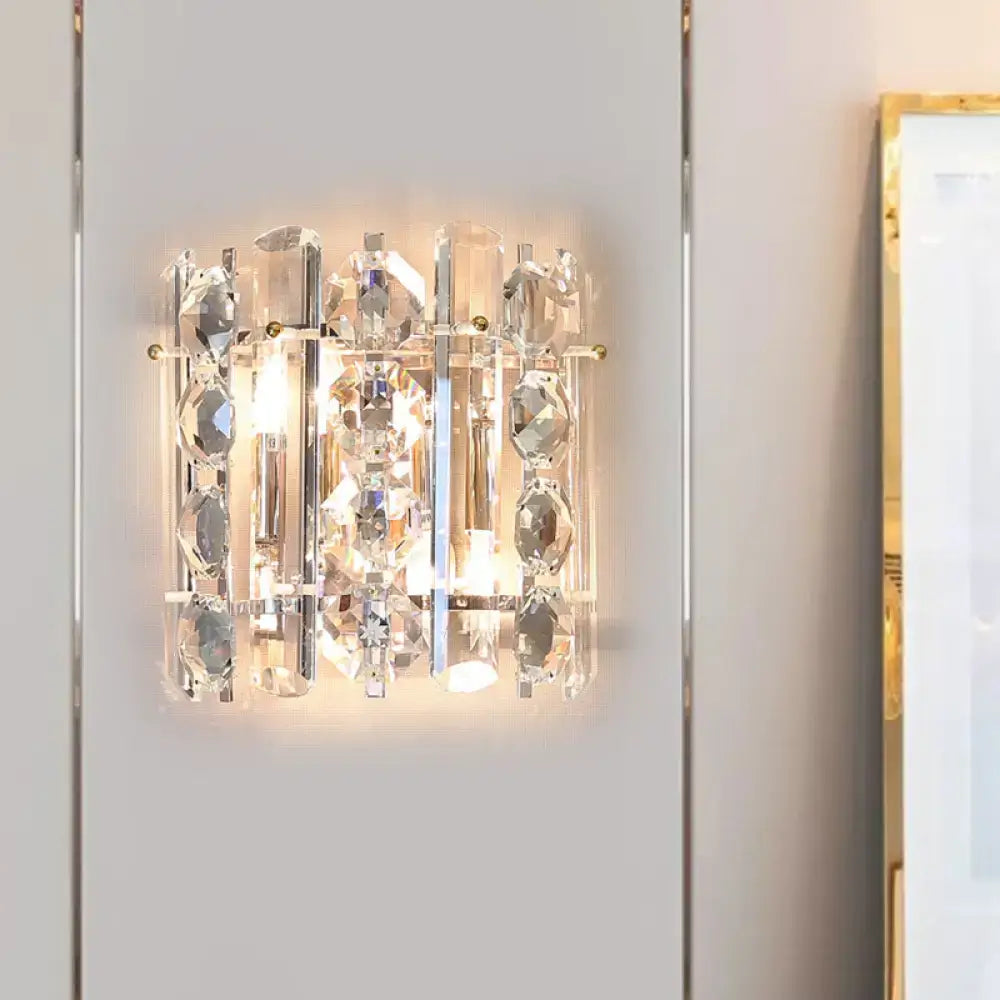 Contemporary chrome crystal 2-light wall lamp with clear faceted crystals and polished chrome rods for living room