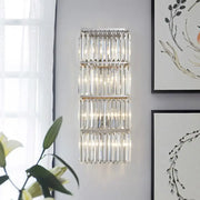 Contemporary chrome crystal flush wall sconce with four rows of clear faceted crystal rods for living room light